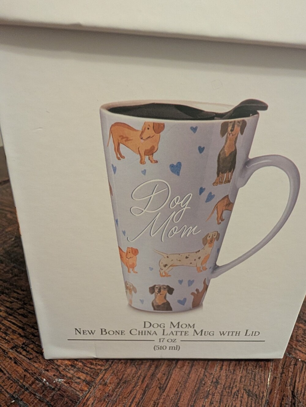 Dog Mom Latte Mug with Lid - Lavender Dachshund Print